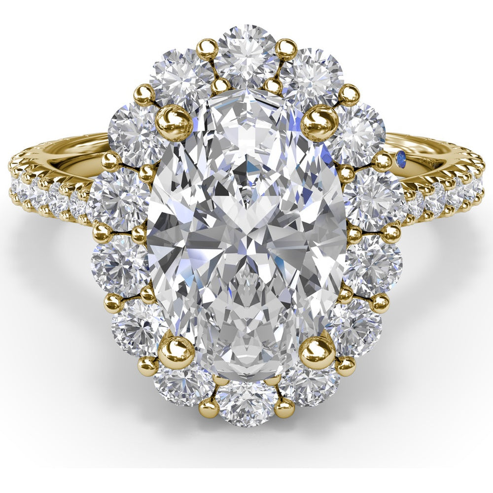 Floral Halo Engagement Ring Setting with Shared-Prong Oval Center and Pavé Diamond Band by Fana - 1.07 Carat Total Diamond Weight