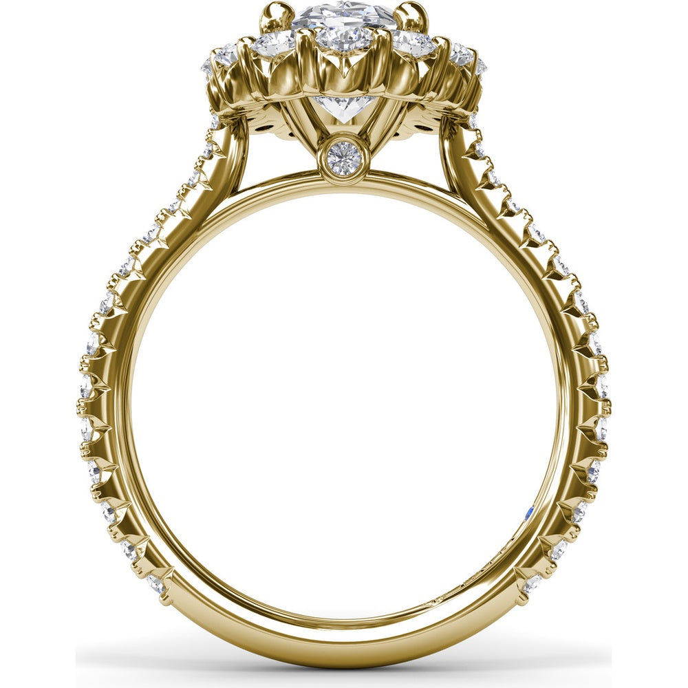 Floral Halo Engagement Ring Setting with Shared-Prong Oval Center and Pavé Diamond Band by Fana - 1.07 Carat Total Diamond Weight