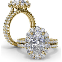 Floral Halo Engagement Ring Setting with Shared-Prong Oval Center and Pavé Diamond Band by Fana - 1.07 Carat Total Diamond Weight