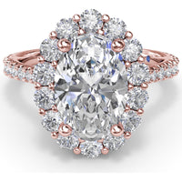 Floral Halo Engagement Ring Setting with Shared-Prong Oval Center and Pavé Diamond Band by Fana - 1.07 Carat Total Diamond Weight