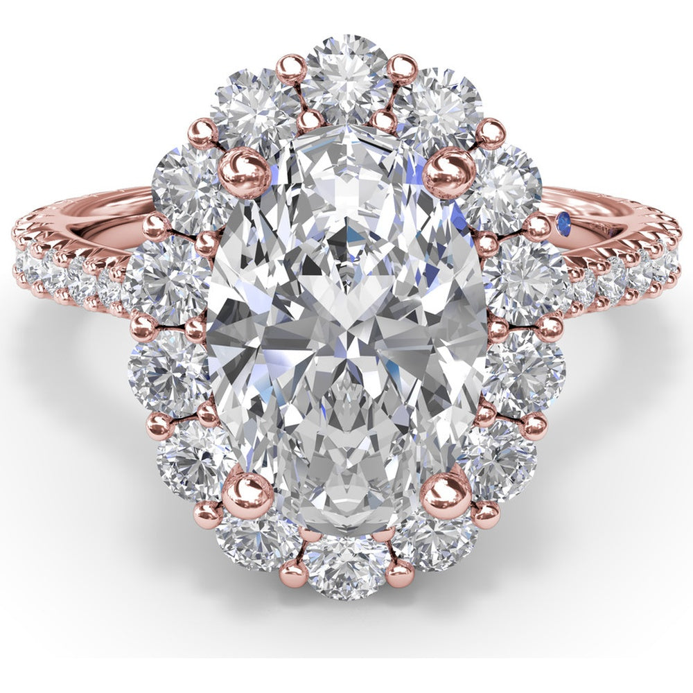 Floral Halo Engagement Ring Setting with Shared-Prong Oval Center and Pavé Diamond Band by Fana - 1.07 Carat Total Diamond Weight