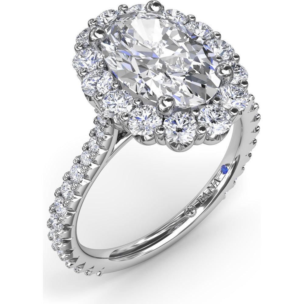 Floral Halo Engagement Ring Setting with Shared-Prong Oval Center and Pavé Diamond Band by Fana - 1.07 Carat Total Diamond Weight