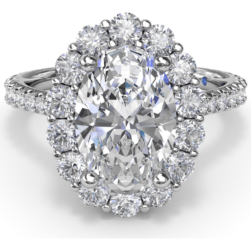 Floral Halo Engagement Ring Setting with Shared-Prong Oval Center and Pavé Diamond Band by Fana - 1.07 Carat Total Diamond Weight