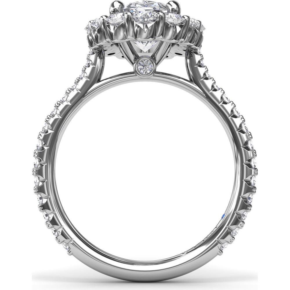 Floral Halo Engagement Ring Setting with Shared-Prong Oval Center and Pavé Diamond Band by Fana - 1.07 Carat Total Diamond Weight