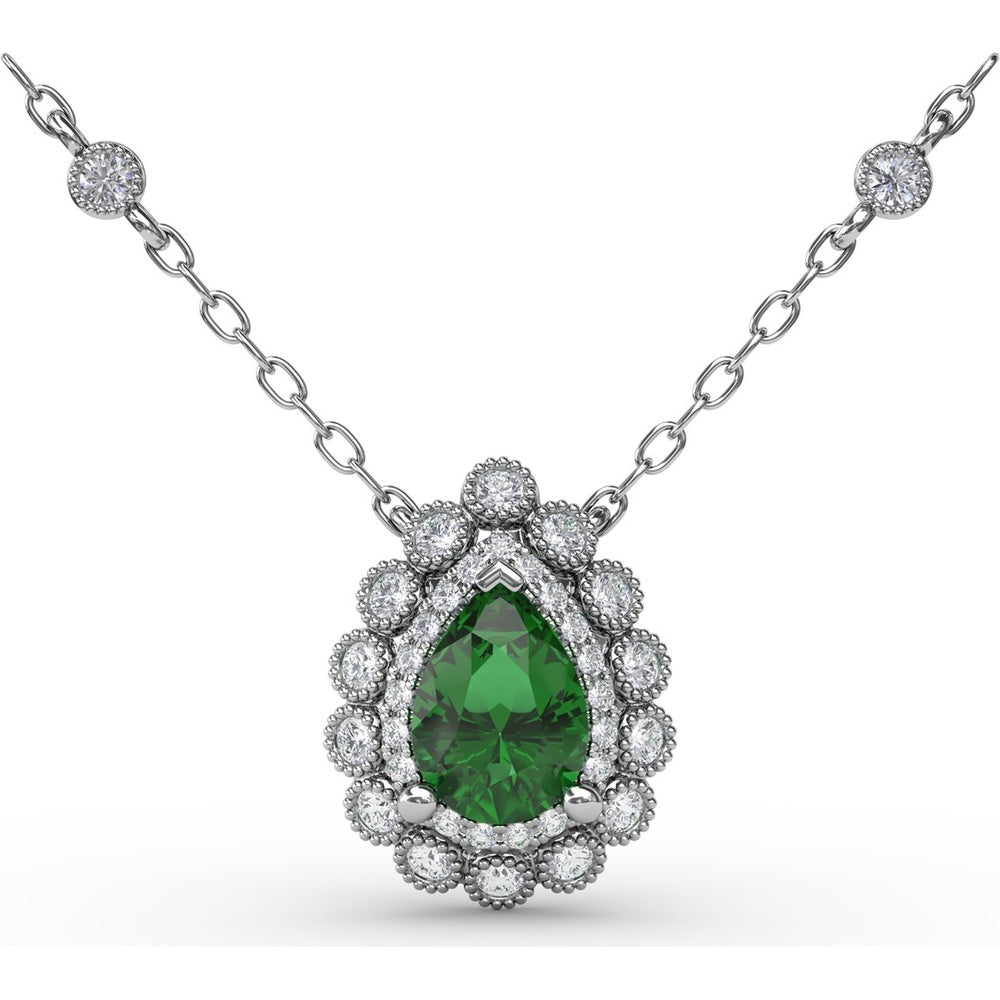 Floral Halo Teardrop Emerald Pendant with Pear-Shaped Emerald and Pavé Diamond Accents by Fana - 0.94 Carat Total Gemstone Weight