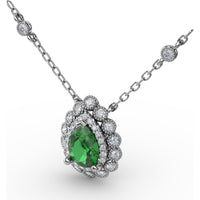 Floral Halo Teardrop Emerald Pendant with Pear-Shaped Emerald and Pavé Diamond Accents by Fana - 0.94 Carat Total Gemstone Weight