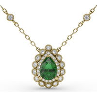 Floral Halo Teardrop Emerald Pendant with Pear-Shaped Emerald and Pavé Diamond Accents by Fana - 0.94 Carat Total Gemstone Weight