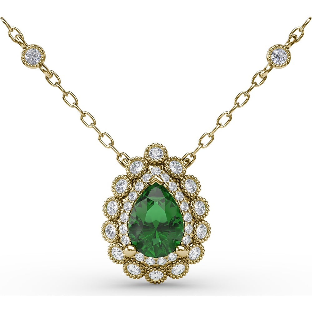 Floral Halo Teardrop Emerald Pendant with Pear-Shaped Emerald and Pavé Diamond Accents by Fana - 0.94 Carat Total Gemstone Weight