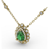 Floral Halo Teardrop Emerald Pendant with Pear-Shaped Emerald and Pavé Diamond Accents by Fana - 0.94 Carat Total Gemstone Weight