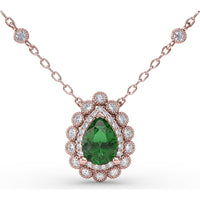 Floral Halo Teardrop Emerald Pendant with Pear-Shaped Emerald and Pavé Diamond Accents by Fana - 0.94 Carat Total Gemstone Weight