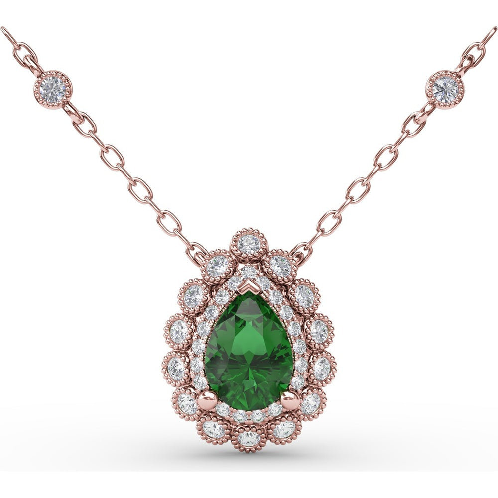 Floral Halo Teardrop Emerald Pendant with Pear-Shaped Emerald and Pavé Diamond Accents by Fana - 0.94 Carat Total Gemstone Weight