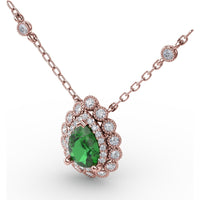 Floral Halo Teardrop Emerald Pendant with Pear-Shaped Emerald and Pavé Diamond Accents by Fana - 0.94 Carat Total Gemstone Weight
