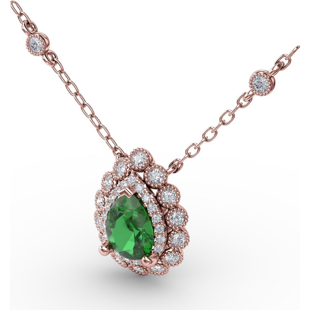 Floral Halo Teardrop Emerald Pendant with Pear-Shaped Emerald and Pavé Diamond Accents by Fana - 0.94 Carat Total Gemstone Weight