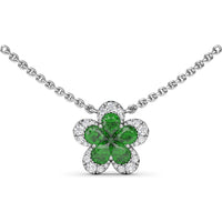 Floral Magnolia Necklace with Pear-Shaped Emeralds and Diamond Halo by Fana - 1.03 Carat Total Gemstone Weight
