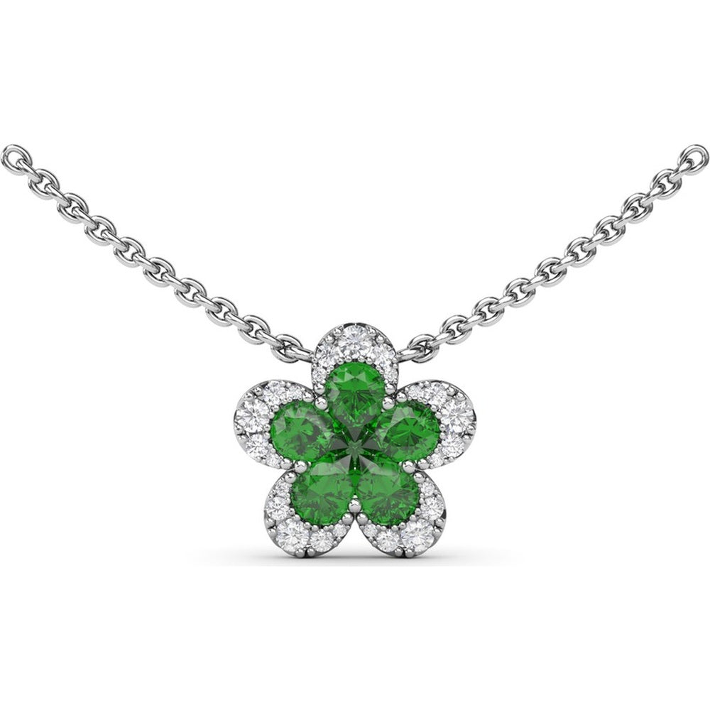 Floral Magnolia Necklace with Pear-Shaped Emeralds and Diamond Halo by Fana - 1.03 Carat Total Gemstone Weight