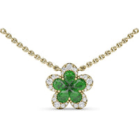 Floral Magnolia Necklace with Pear-Shaped Emeralds and Diamond Halo by Fana - 1.03 Carat Total Gemstone Weight