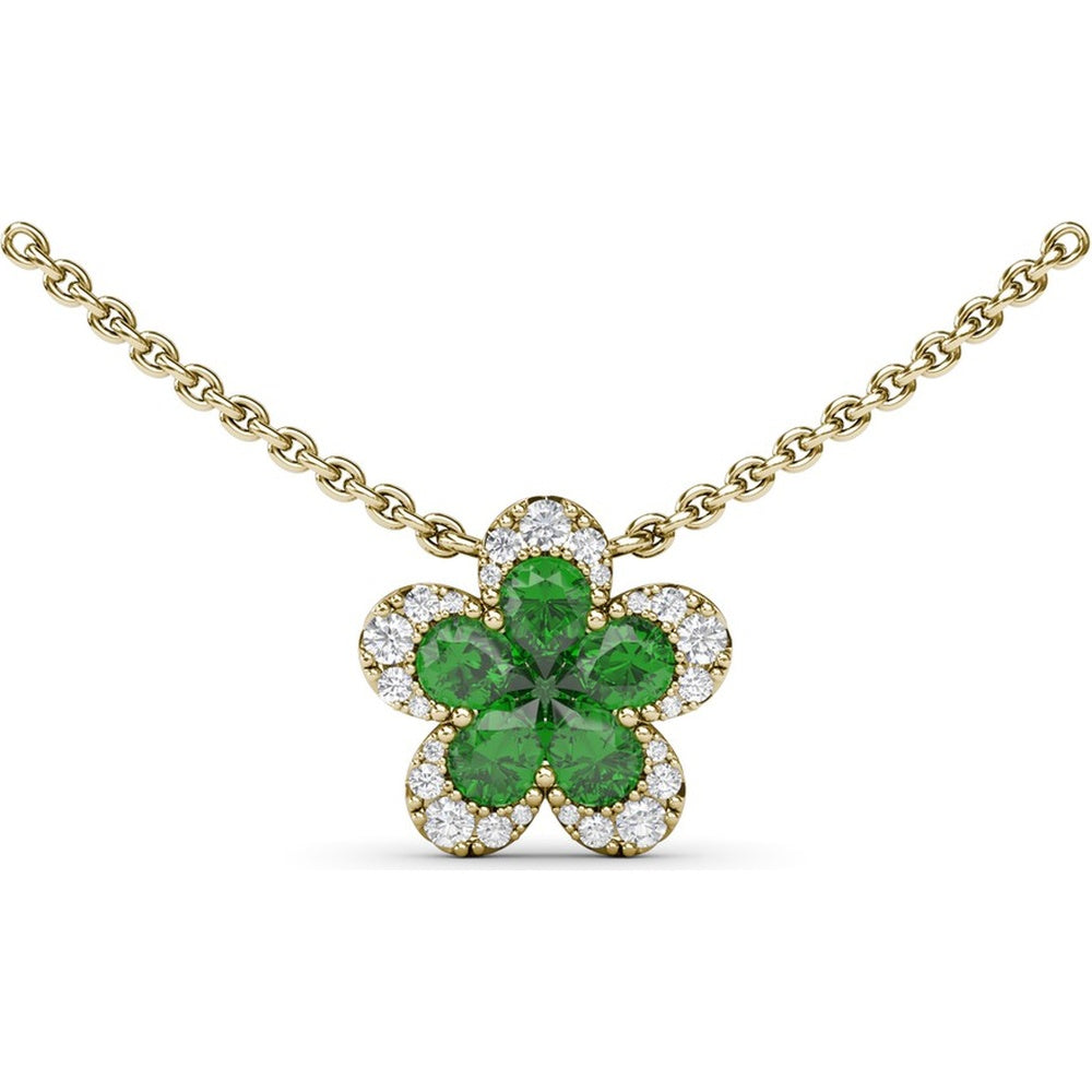 Floral Magnolia Necklace with Pear-Shaped Emeralds and Diamond Halo by Fana - 1.03 Carat Total Gemstone Weight
