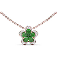 Floral Magnolia Necklace with Pear-Shaped Emeralds and Diamond Halo by Fana - 1.03 Carat Total Gemstone Weight