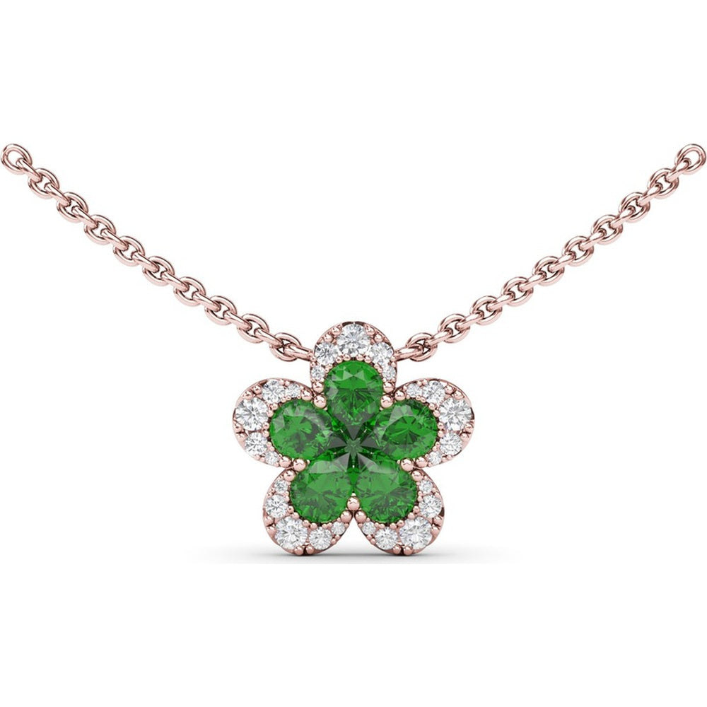 Floral Magnolia Necklace with Pear-Shaped Emeralds and Diamond Halo by Fana - 1.03 Carat Total Gemstone Weight