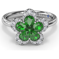Floral Magnolia Ring with Pear-Shaped Emeralds and Diamond Halo by Fana - 1.02 Carat Total Gemstone Weight