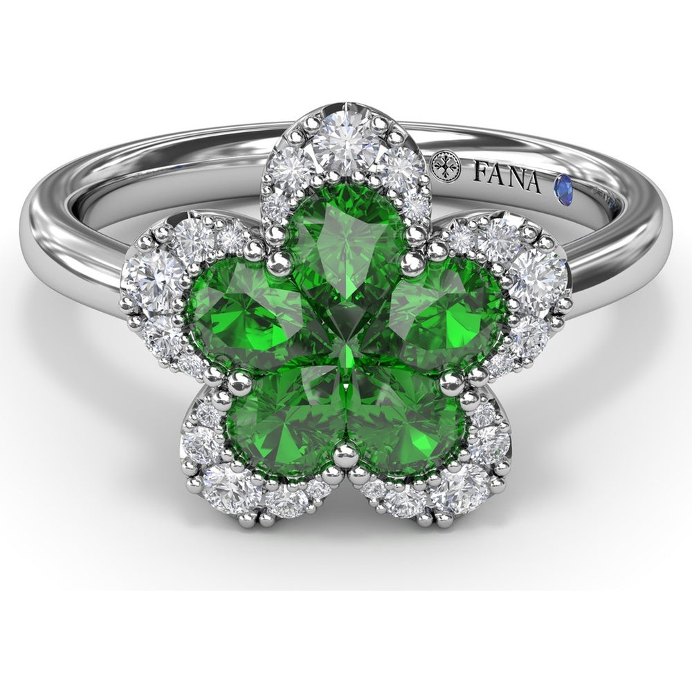 Floral Magnolia Ring with Pear-Shaped Emeralds and Diamond Halo by Fana - 1.02 Carat Total Gemstone Weight