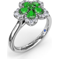 Floral Magnolia Ring with Pear-Shaped Emeralds and Diamond Halo by Fana - 1.02 Carat Total Gemstone Weight