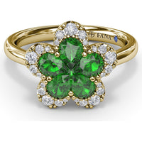 Floral Magnolia Ring with Pear-Shaped Emeralds and Diamond Halo by Fana - 1.02 Carat Total Gemstone Weight