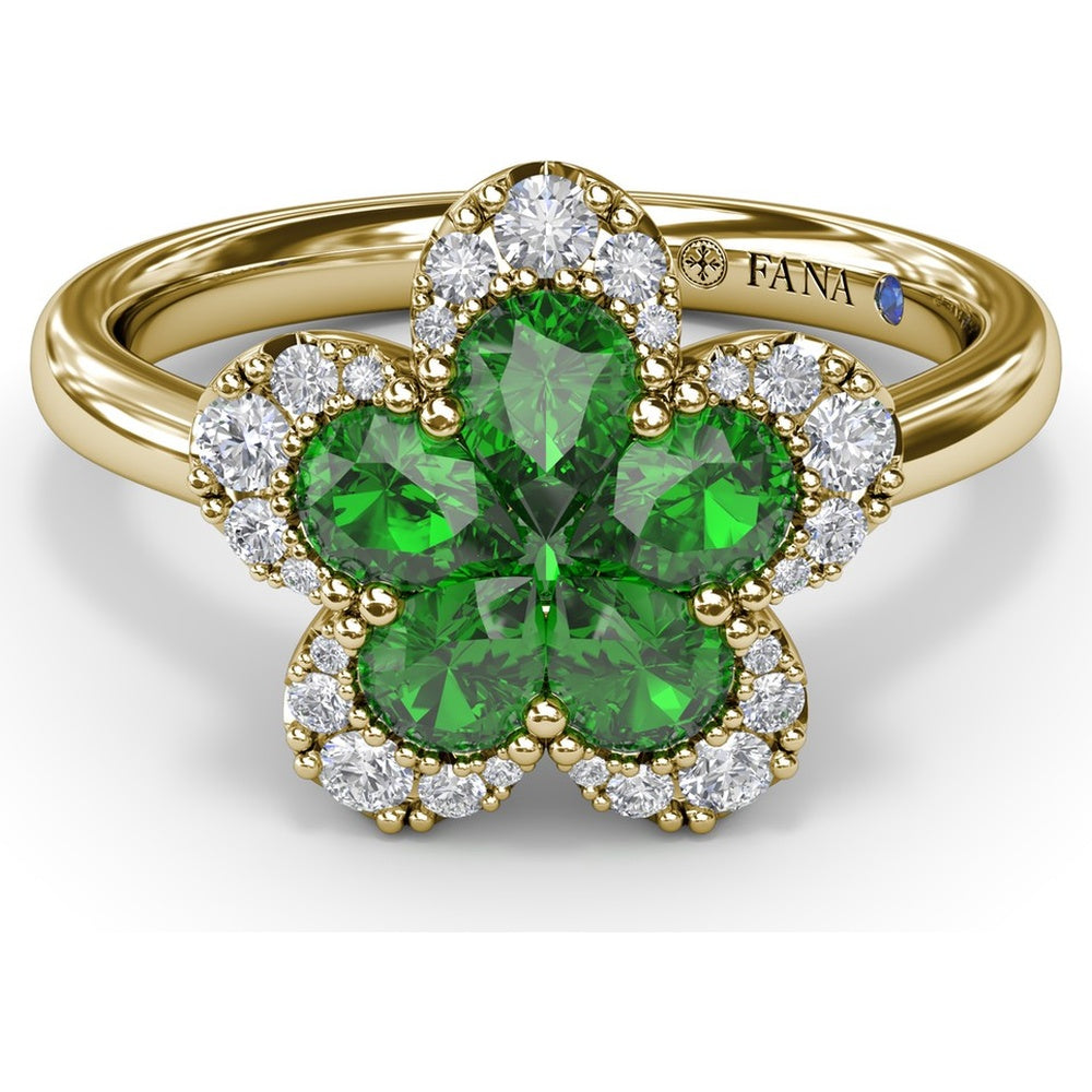 Floral Magnolia Ring with Pear-Shaped Emeralds and Diamond Halo by Fana - 1.02 Carat Total Gemstone Weight