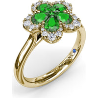Floral Magnolia Ring with Pear-Shaped Emeralds and Diamond Halo by Fana - 1.02 Carat Total Gemstone Weight