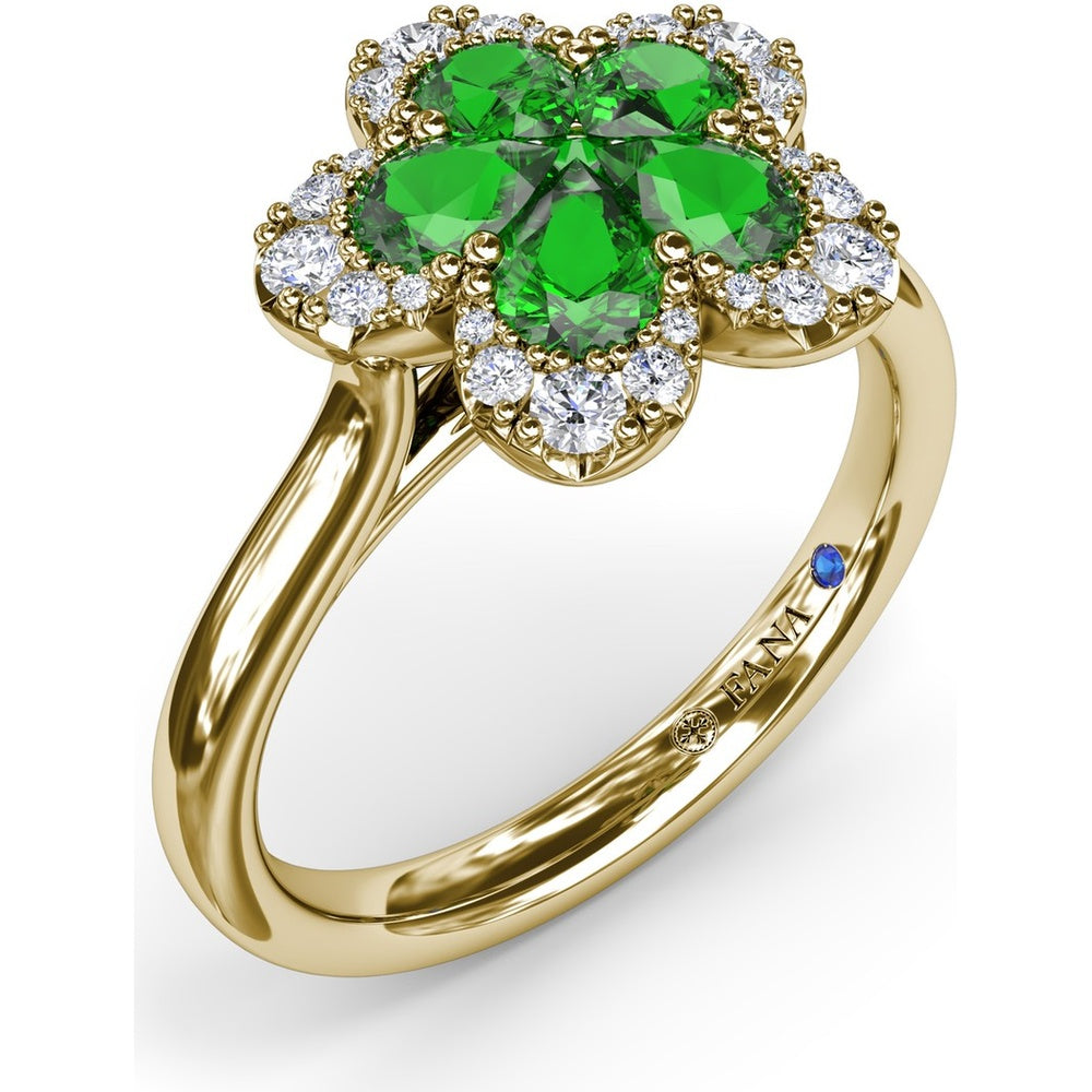 Floral Magnolia Ring with Pear-Shaped Emeralds and Diamond Halo by Fana - 1.02 Carat Total Gemstone Weight