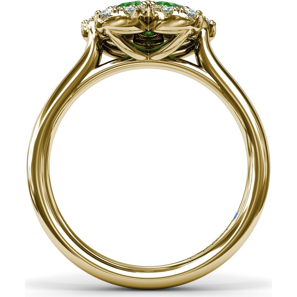 Floral Magnolia Ring with Pear-Shaped Emeralds and Diamond Halo by Fana - 1.02 Carat Total Gemstone Weight