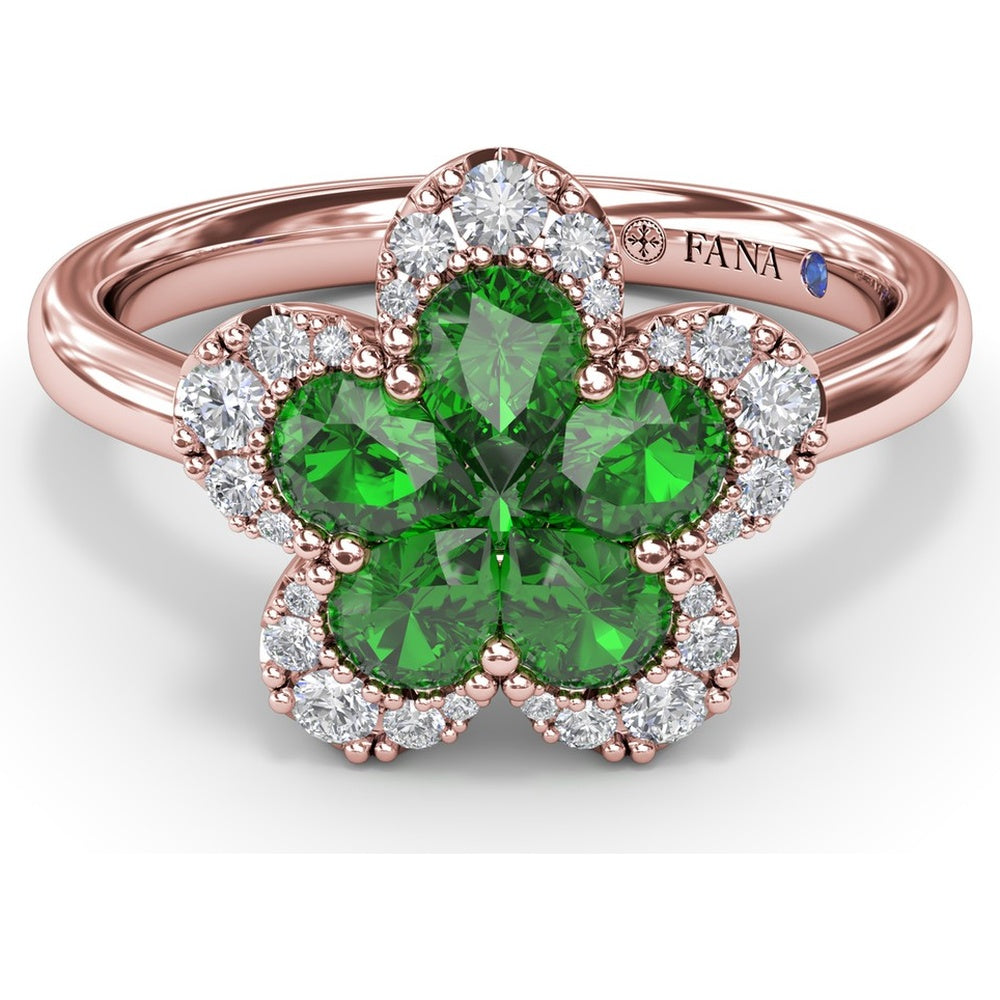 Floral Magnolia Ring with Pear-Shaped Emeralds and Diamond Halo by Fana - 1.02 Carat Total Gemstone Weight