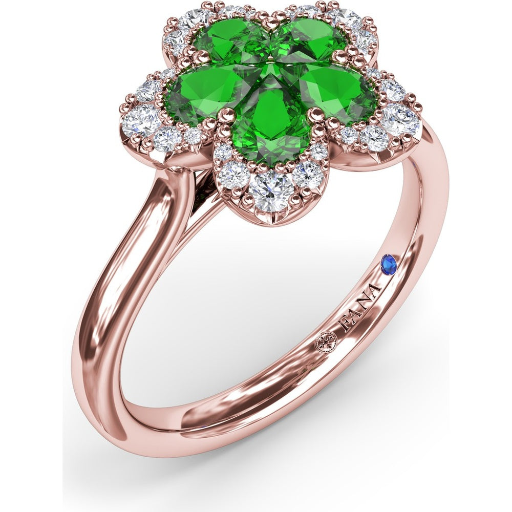 Floral Magnolia Ring with Pear-Shaped Emeralds and Diamond Halo by Fana - 1.02 Carat Total Gemstone Weight