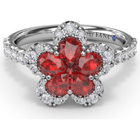 Floral Magnolia Ring with Pear-Shaped Rubies and Diamond Halo by Fana - 1.58 Carat Total Gemstone Weight