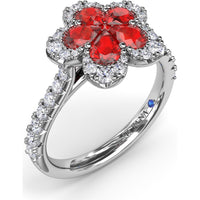 Floral Magnolia Ring with Pear-Shaped Rubies and Diamond Halo by Fana - 1.58 Carat Total Gemstone Weight