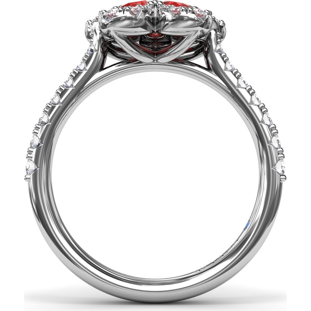 Floral Magnolia Ring with Pear-Shaped Rubies and Diamond Halo by Fana - 1.58 Carat Total Gemstone Weight