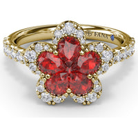 Floral Magnolia Ring with Pear-Shaped Rubies and Diamond Halo by Fana - 1.58 Carat Total Gemstone Weight