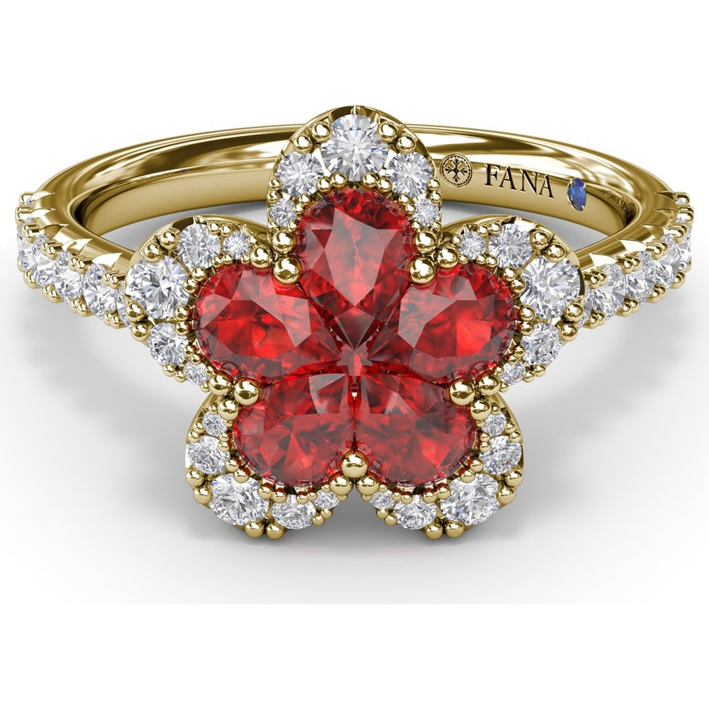 Floral Magnolia Ring with Pear-Shaped Rubies and Diamond Halo by Fana - 1.58 Carat Total Gemstone Weight