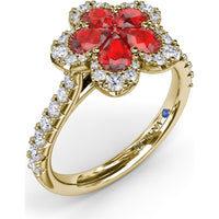 Floral Magnolia Ring with Pear-Shaped Rubies and Diamond Halo by Fana - 1.58 Carat Total Gemstone Weight