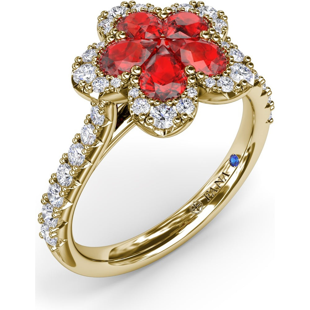 Floral Magnolia Ring with Pear-Shaped Rubies and Diamond Halo by Fana - 1.58 Carat Total Gemstone Weight