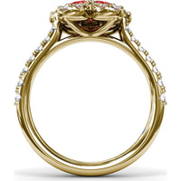 Floral Magnolia Ring with Pear-Shaped Rubies and Diamond Halo by Fana - 1.58 Carat Total Gemstone Weight