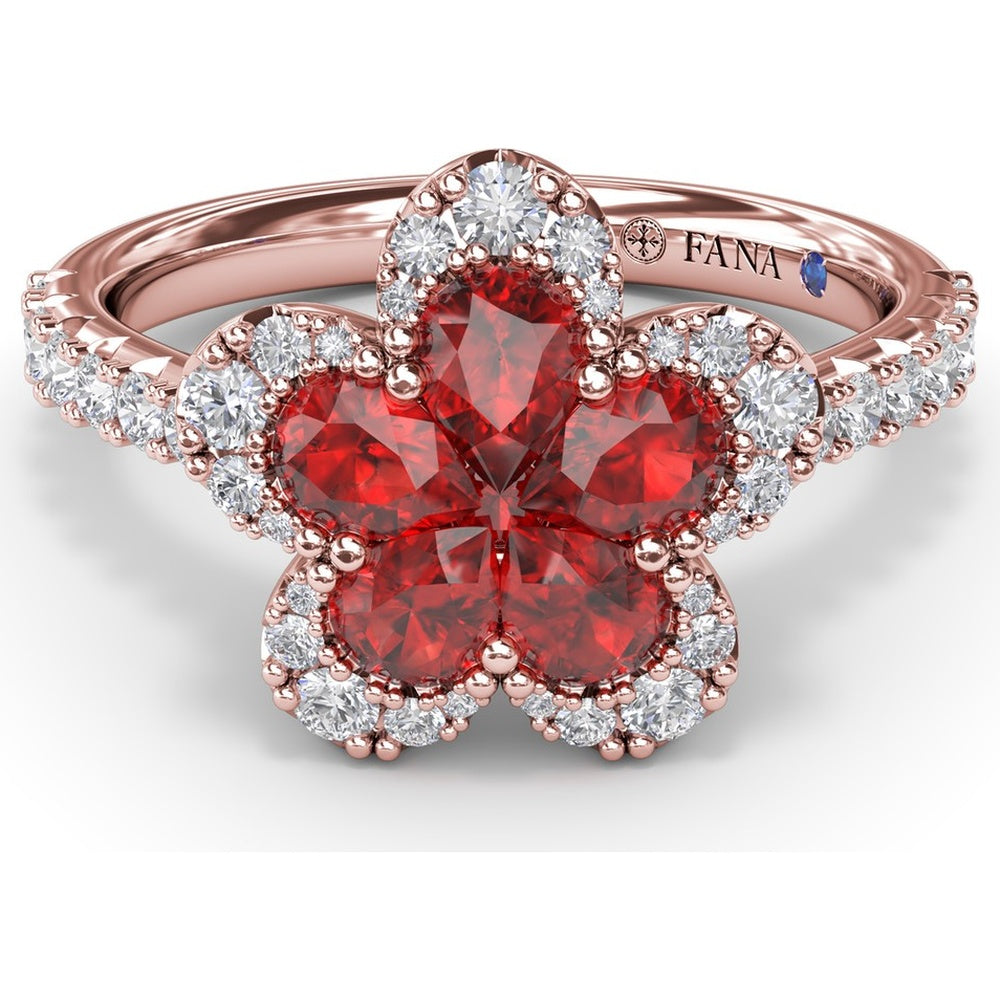 Floral Magnolia Ring with Pear-Shaped Rubies and Diamond Halo by Fana - 1.58 Carat Total Gemstone Weight