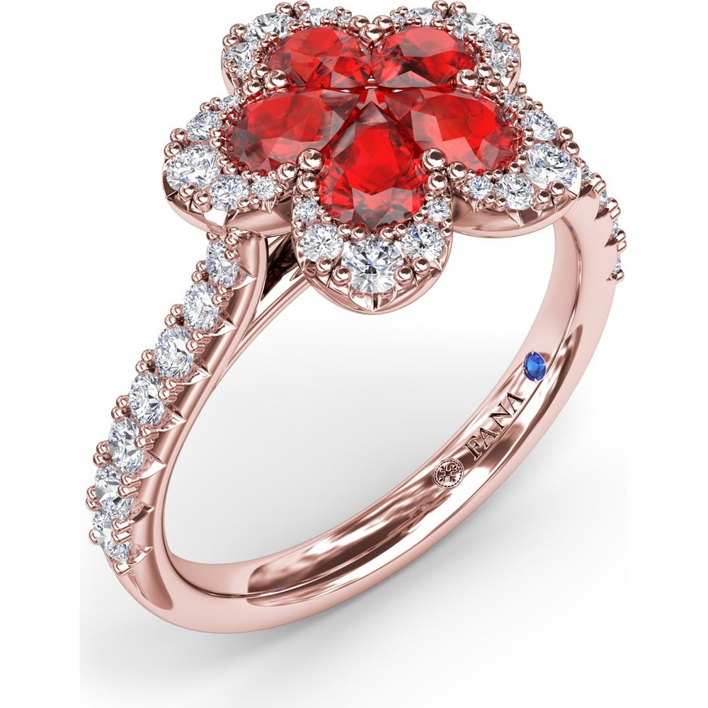 Floral Magnolia Ring with Pear-Shaped Rubies and Diamond Halo by Fana - 1.58 Carat Total Gemstone Weight