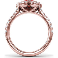 Floral Magnolia Ring with Pear-Shaped Rubies and Diamond Halo by Fana - 1.58 Carat Total Gemstone Weight
