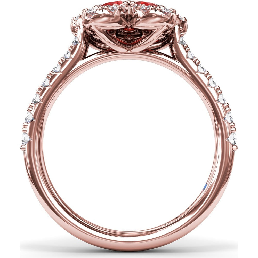 Floral Magnolia Ring with Pear-Shaped Rubies and Diamond Halo by Fana - 1.58 Carat Total Gemstone Weight