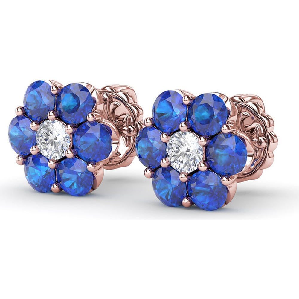 Floral Magnolia Stud Earrings with Round Sapphires and Diamonds by Fana - 2.64 Carat Total Gemstone Weight