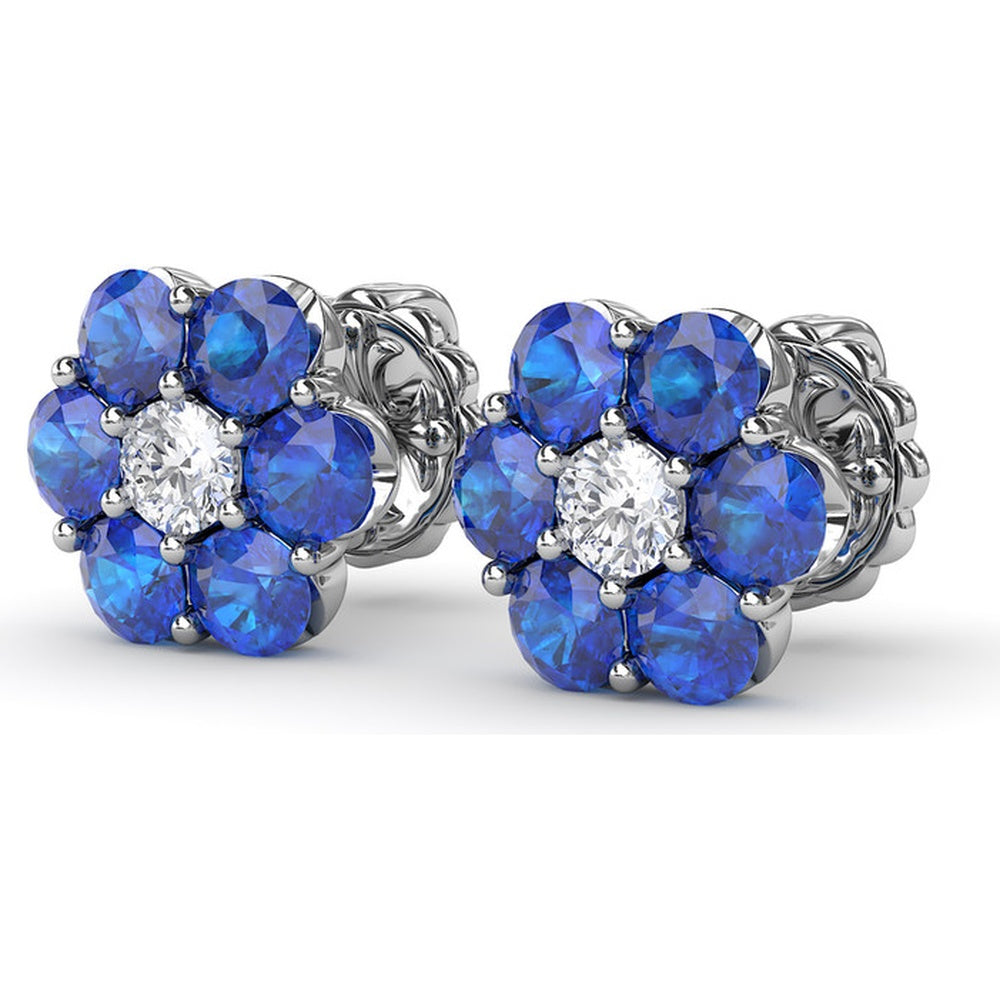 Floral Magnolia Stud Earrings with Round Sapphires and Diamonds by Fana - 2.64 Carat Total Gemstone Weight