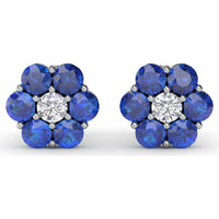 Floral Magnolia Stud Earrings with Round Sapphires and Diamonds by Fana - 2.64 Carat Total Gemstone Weight
