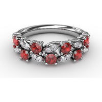 Floral Motif Band with Round Rubies and Marquise Diamond Clusters by Fana - 1.04 Carat Total Gemstone Weight