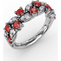 Floral Motif Band with Round Rubies and Marquise Diamond Clusters by Fana - 1.04 Carat Total Gemstone Weight